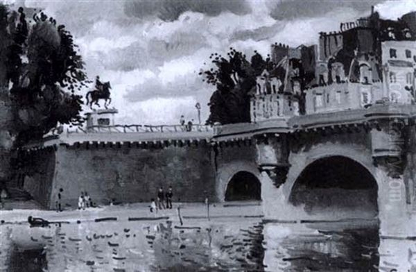 Vue De La Statue D'henri Iv Et Du Pont Neuf Oil Painting by Edmond Ceria