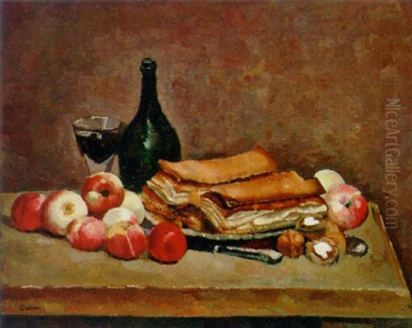 Peaches, Pastries, Walnuts, With A Wine Bottle And Glass On A Table Oil Painting by Edmond Ceria