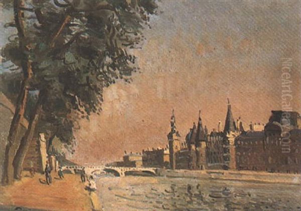 Paris, La Seine Vue Du Quai De La Megisserie Oil Painting by Edmond Ceria
