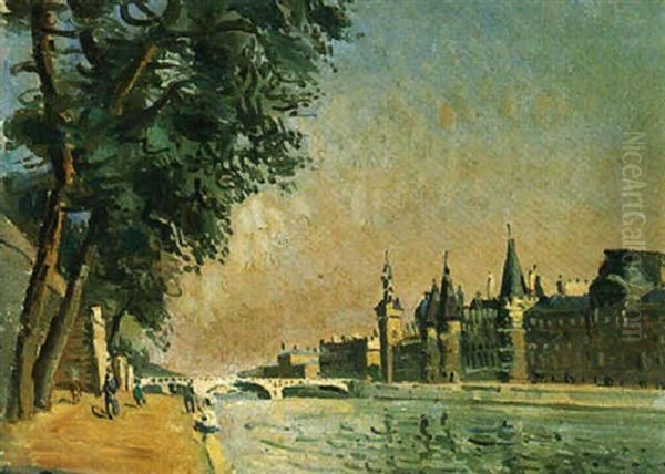 Paris, La Seine Vue Due Quai De La Megisserie Oil Painting by Edmond Ceria