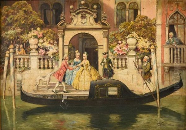Venitian Canal Scene Oil Painting by Oscar Cesare