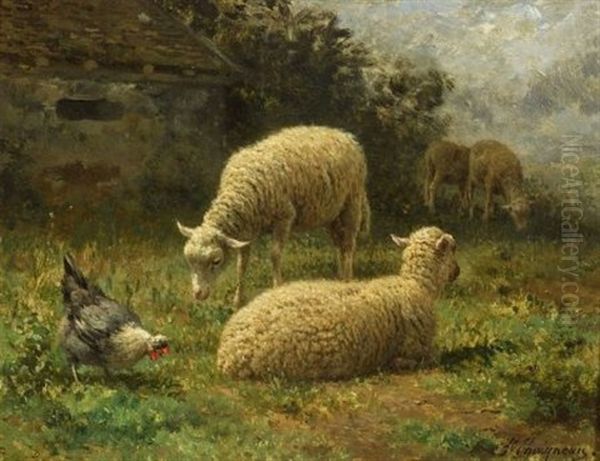 Sheep In Landscape Oil Painting by Jean Ferdinand Chaigneau