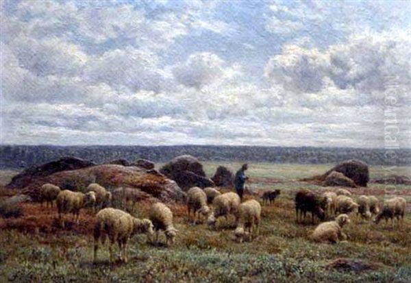 Berger Et Moutons Oil Painting by Jean Ferdinand Chaigneau
