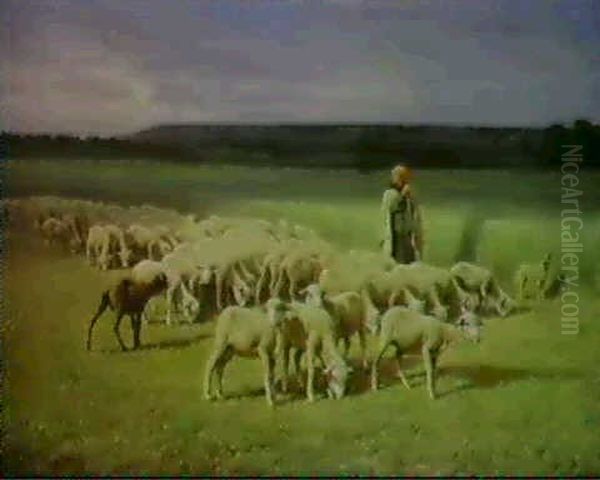 Bergere Et Les Moutons Dans La Plaine Oil Painting by Jean Ferdinand Chaigneau