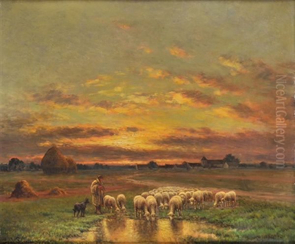 Troupeau Au Crepuscule Oil Painting by Paul Chaigneau