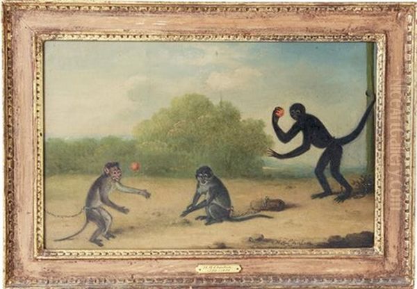 Singerie: Three Monkeys At Play Oil Painting by Henry Bernard Chalon