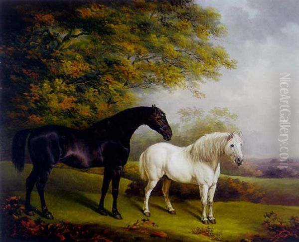 A Dark Bay Hunter And A Grey Pony In A Landscape Oil Painting by Henry Bernard Chalon