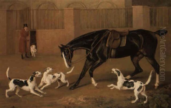 A Huntsman, A Bay Hunter And Hounds Oil Painting by Henry Bernard Chalon