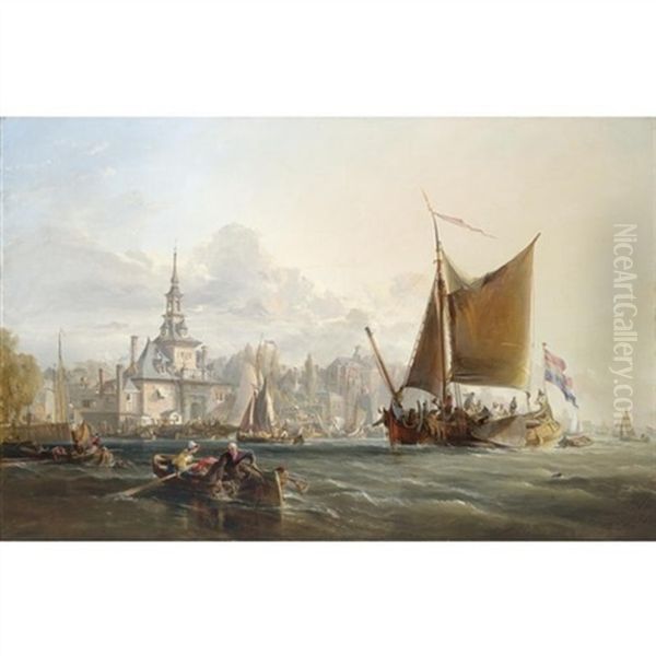 Dutch Vessels Leaving Harbour - Rotterdam In The Distance Oil Painting by Sir George Chambers