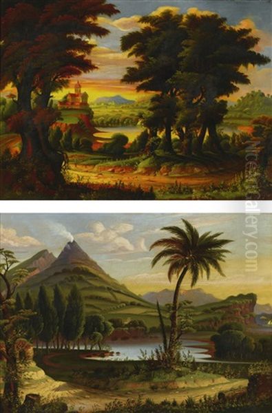 Castel Gandolfo; Vesuvius: A Pair Oil Painting by Thomas Chambers