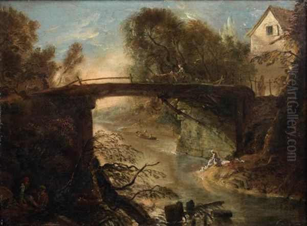 Lavandiere Sous Un Pont De Bois Oil Painting by Jerome-Francois Chantereau