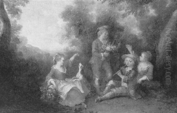 Le Joueur De Flageolet Et Les Enfants Dans La Foret Oil Painting by Jerome-Francois Chantereau