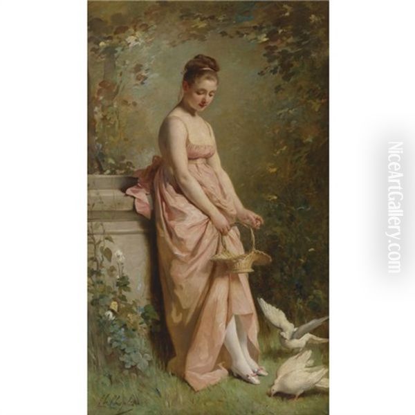 Feeding Doves Oil Painting by Charles Joshua Chaplin