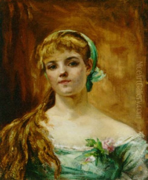 A Portrait Of A Young Girl Wearing A Blue Dress With A Pink Rose Oil Painting by Charles Joshua Chaplin