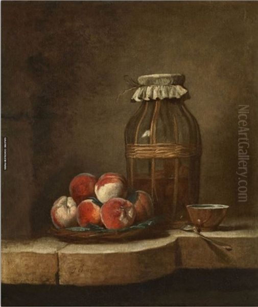 A Monkey With Pallett And Brushes Ringing A Bell Hung Around The Neck Of A Braying Donkey Oil Painting by Jean-Baptiste-Simeon Chardin