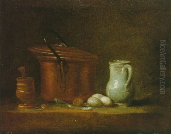 Une Table De Cuisine Avec Marmite De Cuivre, Egrugeoir Et Son Pilon, Un Poireau, Trois Oeufs Et Un Petit Pot De Faience Blanche Oil Painting by Jean-Baptiste-Simeon Chardin