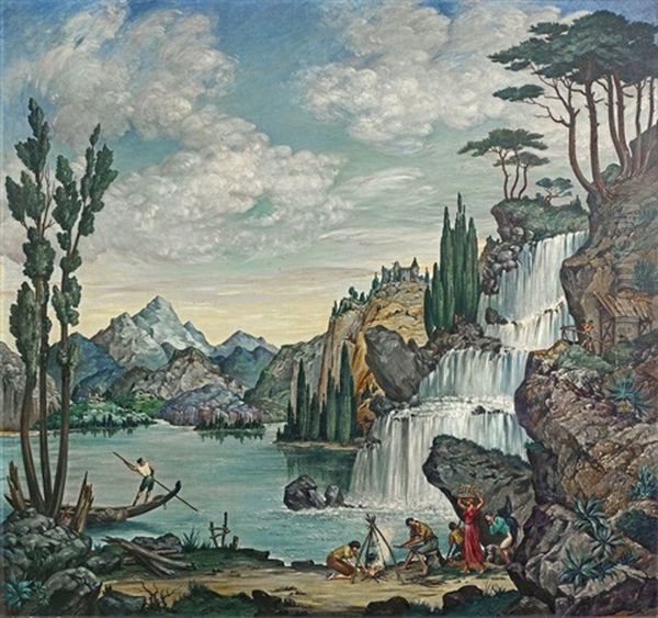 Camping Au Bord Du Lac Pres D'une Cascade Oil Painting by Raymond Louis Charmaison