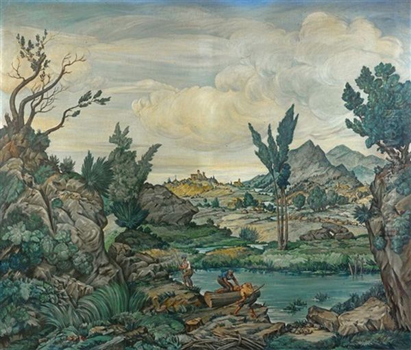 Bucherons Au Bord D'un Lac Oil Painting by Raymond Louis Charmaison