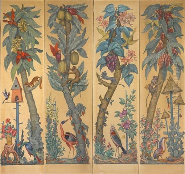Arbres Et Animaux Exotiques (set Of 4) Oil Painting by Raymond Louis Charmaison