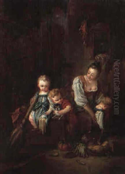 Kitchen Interior With A Mother Reprimanding Her Children Oil Painting by Jean-Baptiste Charpentier the Elder