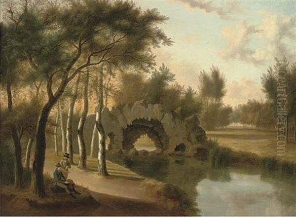 A Wooded River Landscape With Two Gentlemen Resting By A Grotto Oil Painting by Constance Marie (Blondelu) Charpentier