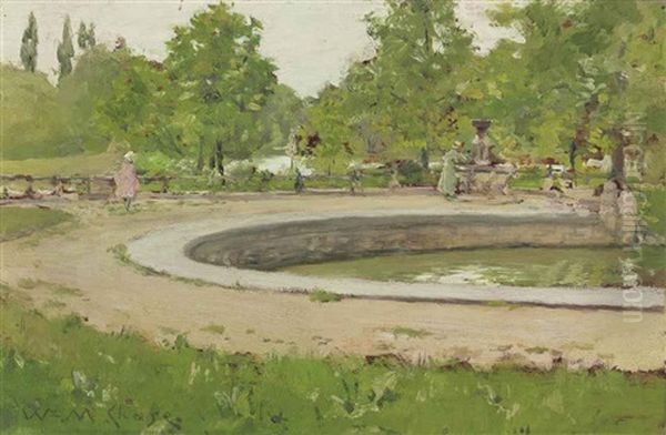 A Water Fountain In Prospect Park Oil Painting by William Merritt Chase