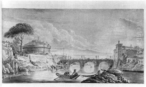 Rom, Engelsburg Mit Tiberbrucke Oil Painting by Claude Louis Chatelet