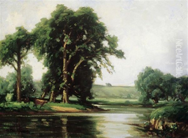 Cattle At The River's Edge Oil Painting by Georges Chavignaud