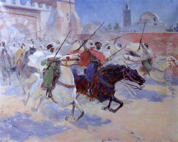 Jinetes Arabes Al Asalto (arab Horsemen On The Assault) Oil Painting by Ulpiano Checa Sanz