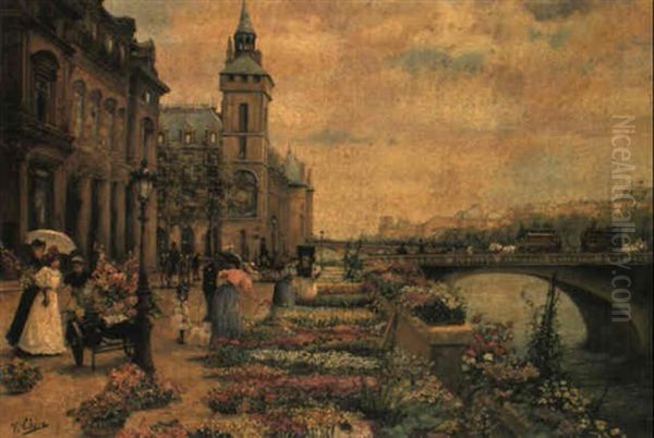 A Flower Market On The Seine Oil Painting by Ulpiano Checa Sanz