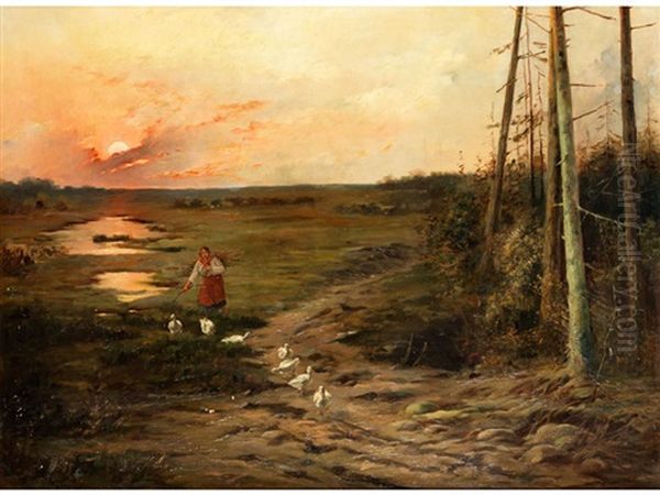 Gansehirten Am Waldrand Im Abendlicht Oil Painting by Josef Chelmonski