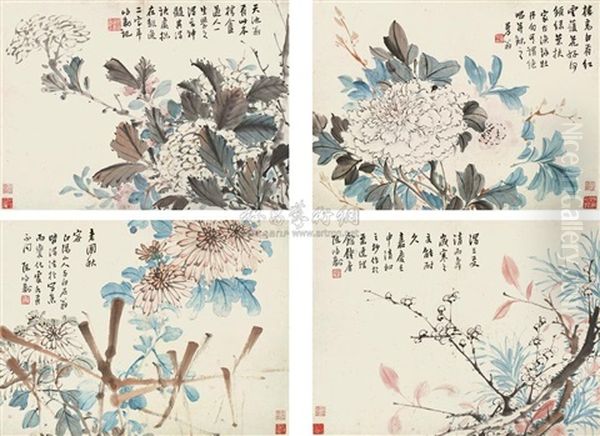 Flowers (4 Works) Oil Painting by  Chen Hongshou