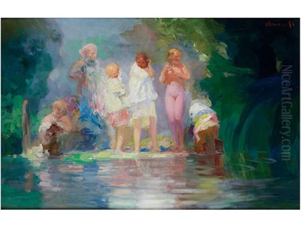 Badeszene Mit Madchen Am Ufer Oil Painting by Pavel Dmitrievitch Chmarov