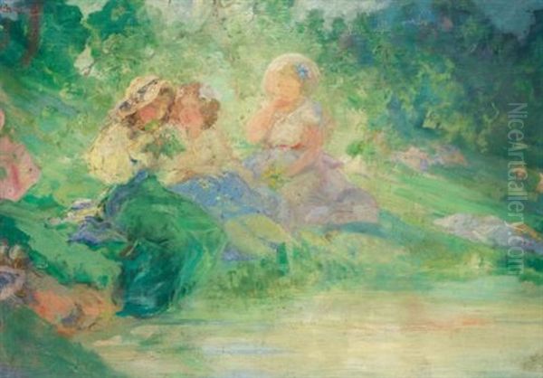 Three Ladies In A Garden Oil Painting by Pavel Dmitrievitch Chmarov