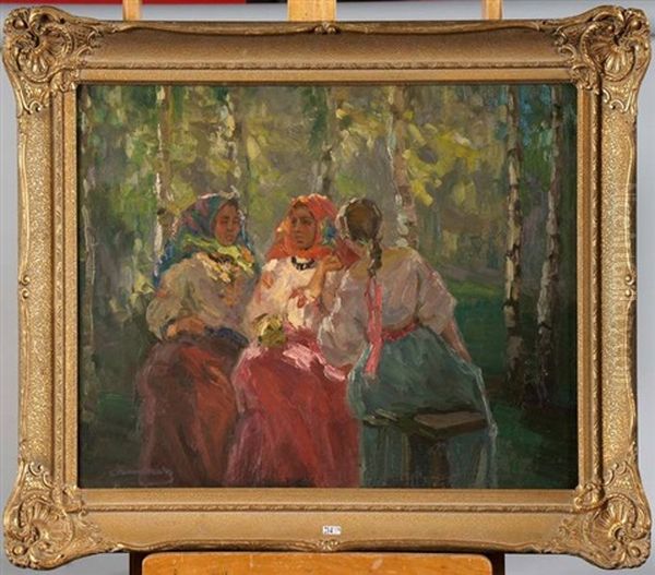 Trois Femmes Russes Sur Un Banc Oil Painting by Pavel Dmitrievitch Chmarov