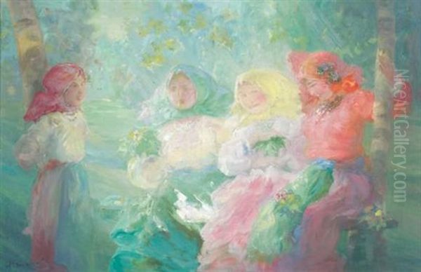 Fillettes Au Jardin Oil Painting by Pavel Dmitrievitch Chmarov