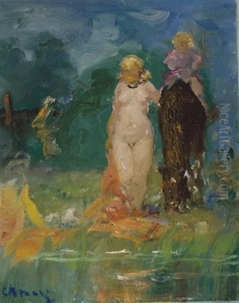A Bather With A Child On Horseback Oil Painting by Pavel Dmitrievitch Chmarov