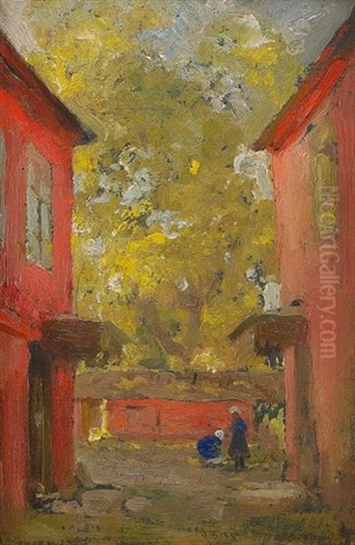 In The Courtyard Oil Painting by Pavel Dmitrievitch Chmarov