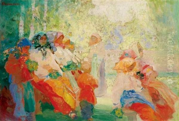 Jeunes Femmes Russes Aux Bouquets Oil Painting by Pavel Dmitrievitch Chmarov