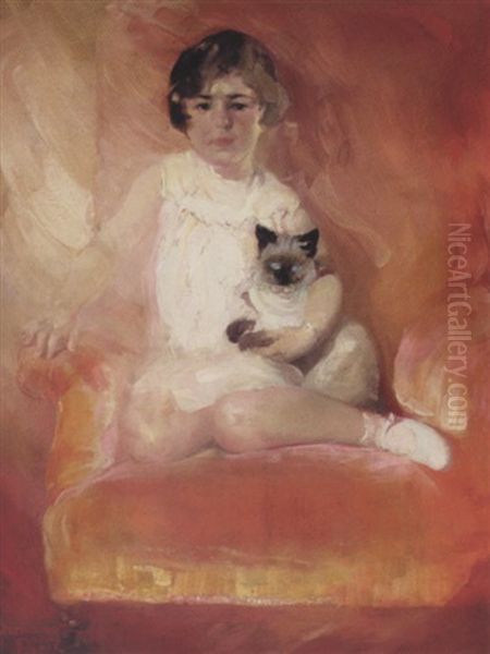 Portrait Of A Girl With Her Cat Oil Painting by Pavel Dmitrievitch Chmarov