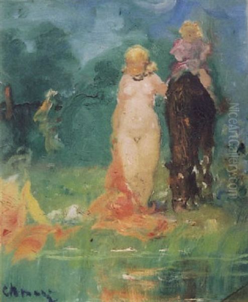 Enfant A Cheval Avec Une Femme Oil Painting by Pavel Dmitrievitch Chmarov