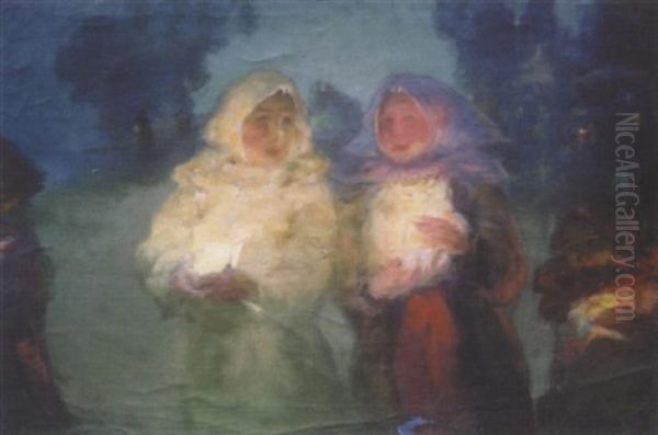Trois Filles Aux Bougies Oil Painting by Pavel Dmitrievitch Chmarov