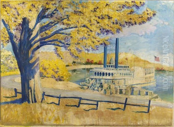 The Memphis-bound Ranger Docked In An Estuary Near A Plantation Home Oil Painting by Frank Hartley Anderson