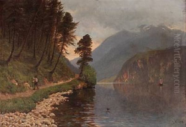 Mountain Landscape With A Walking Man Oil Painting by Godfred Christensen