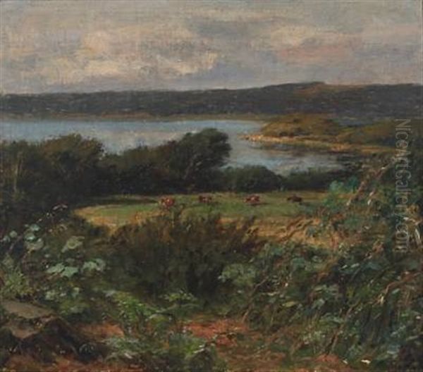 Landscape With Cows In The Field, In The Background Inlet Oil Painting by Godfred Christensen