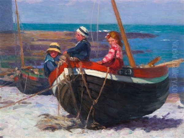 Three Children In A Boat Oil Painting by Hans Christiansen