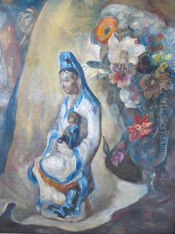 Still Life With Figurine And Flowers Oil Painting by Karl J. Anderson