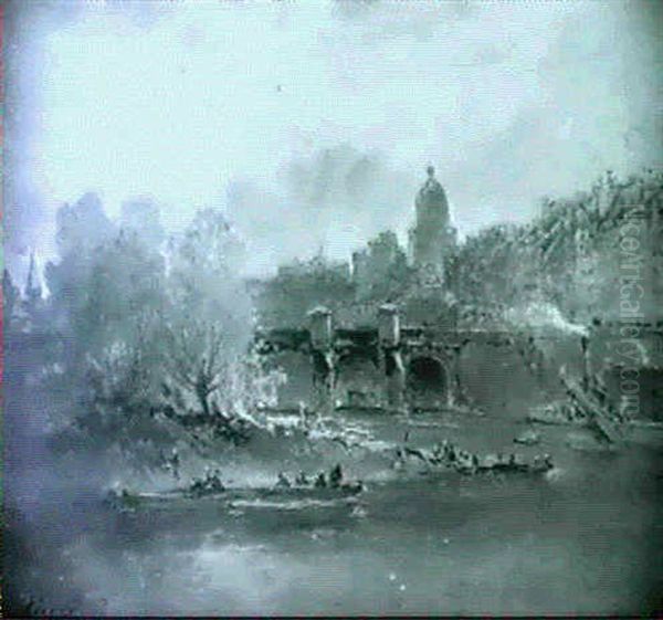 Le Pont-neuf Et Les Quais De La Seine Oil Painting by Ernest Ciceri
