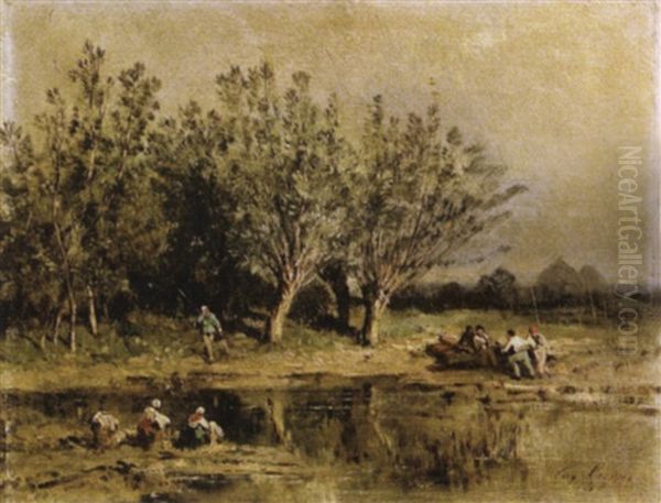 Lavandieres Et Paysans Aupres De La Mare Oil Painting by Eugene Ciceri