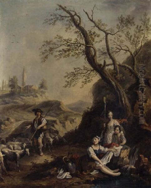 A Hilly Landscape With A Shepherd And His Flock On His Path With Three Shepherdesses Resting By A Stream Oil Painting by Vittorio Amadeo Cignaroli